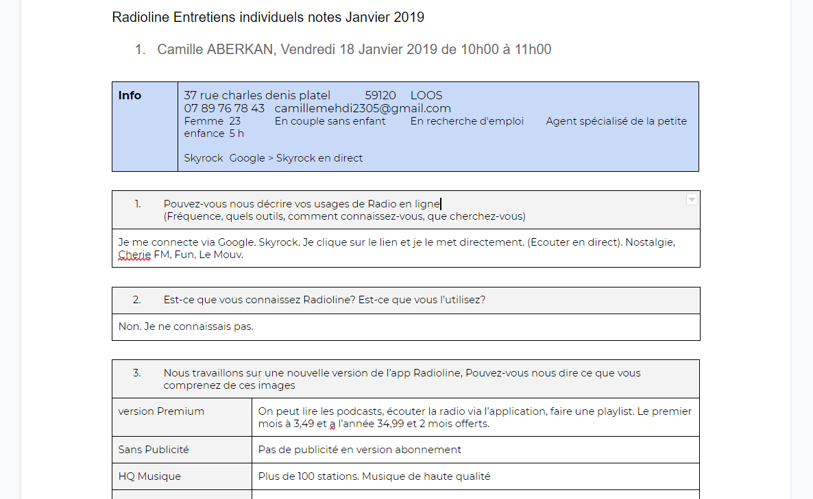 Radioline Premium user research qualitative interview extract
